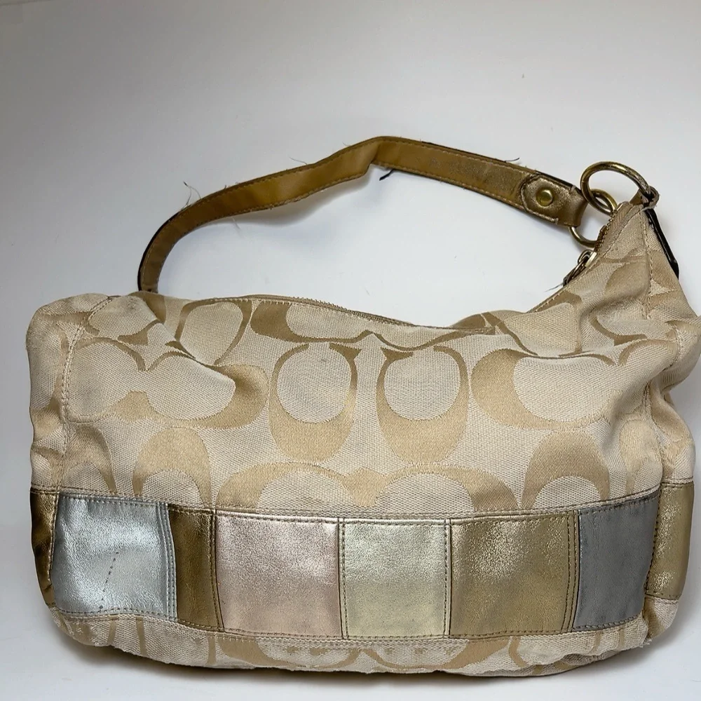 Coach Womens Canvas Stripe Patch Hobo Tan Shoulder Bag
